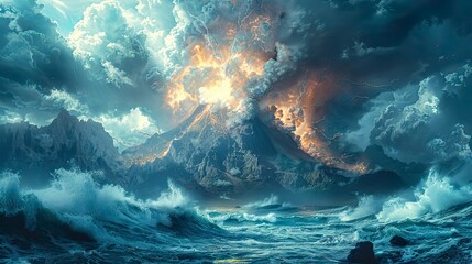 Underwater scene with a majestic volcano erupting beneath the ocean’s surface, a captivating spectacle of underwater chaos and beauty