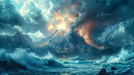 Foto op Plexiglas Underwater scene with a majestic volcano erupting beneath the ocean’s surface, a captivating spectacle of underwater chaos and beauty © Viktoryia