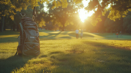 Golfers’ Essentials: Equipment Bag and Players Nearby
 - obrazy, fototapety, plakaty