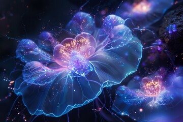 Obraz premium Digital illustration of bioluminescent jellyfish glowing in a dark underwater environment with fantasy elements.