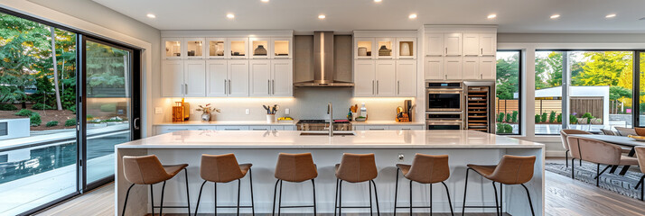 Obraz na płótnie Canvas Sleek Modern Kitchen with Marble Island and Open View