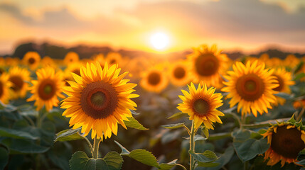 Sunflower field at sunset, Sunflowers blooming on farm, a common scene in late Summer and early Autumn, Sunset over the field of sunflowers against a cloudy sky. Beautiful summer landscape., Generativ