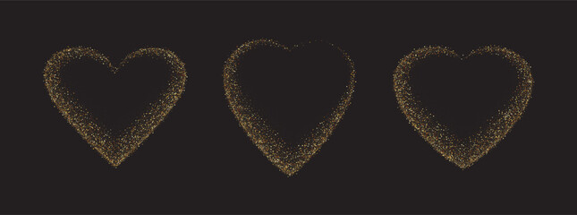 Gold glitter heart frame set. Luxury shimmer heart shape