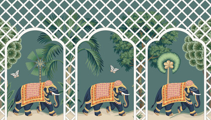Vintage botanical palm tree, Indian elephant, butterfly, pergola, plant floral seamless border. Exotic chinoiserie mural.	 - 756717246