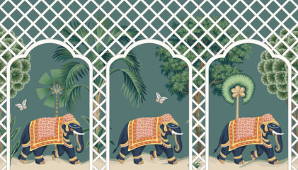 Vintage botanical palm tree, Indian elephant, butterfly, pergola, plant floral seamless border. Exotic chinoiserie mural.  © good_mood