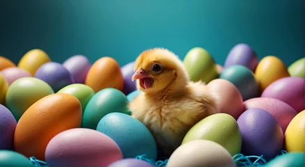 Fotobehang Cute chicken sitting in pastel colored easter eggs © AC