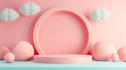 Fototapeta premium Empty neutral pink textured podium stage background with abstract lifestyle sunlight shadows. Template for business brand product showcase, sustainable aesthetic backdrop