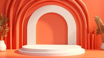 Empty neutral light beige textured podium stage background with abstract lifestyle sunlight shadows. Template for business brand product showcase, sustainable aesthetic backdrop