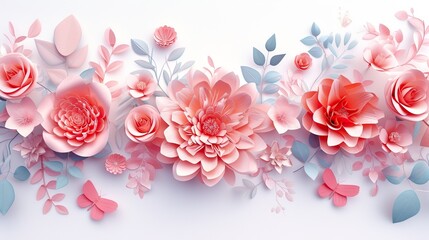 3d paper flowers isolated on white background, decorative design elements, greeting card