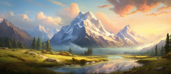 A stunning natural landscape painting of a mountain range with a river flowing through, under a sky...