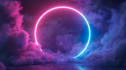 Obraz na płótnie Canvas 3d render, abstract cloud illuminated with neon light ring on dark night sky. Glowing geometric shape, round frame