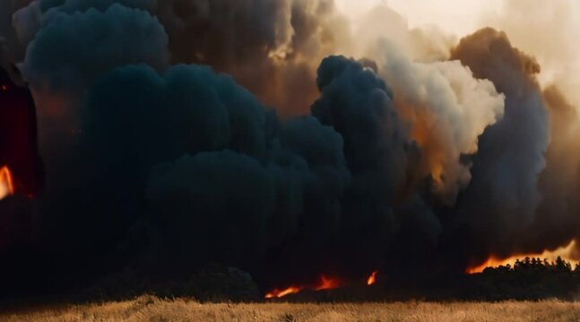 burning wildfire with dark smoke