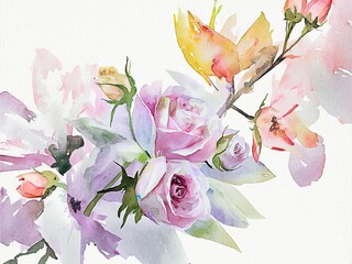 This vintage watercolor painting features soft pink roses and delicate blossoms, elegantly depicted on textured paper, exuding a classic charm.
