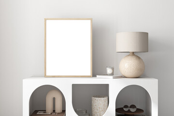 Living room frame mockup in boho style, 3d render