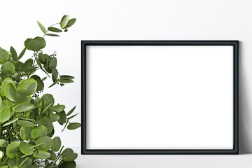 Mock up frame with green leaves, black frame mockup, horizontal frame mockup, 3d render