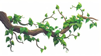 Branches of twisted liana with green leaves and flowers. Cartoon modern illustration of tangled jungle vines. Game UI design assets of creeper ivy tree trunks. - obrazy, fototapety, plakaty