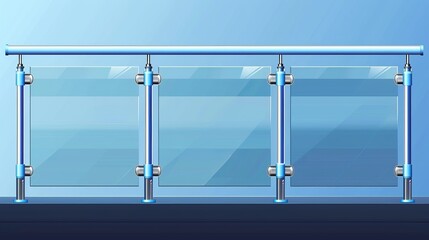 Horizontal handrail for stairway guardrail with plexiglass panel and metal tubular beam fasteners. Transparent acrylic barrier. - obrazy, fototapety, plakaty