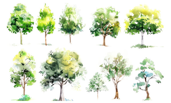 Watercolor Trees Collection on isolated Background