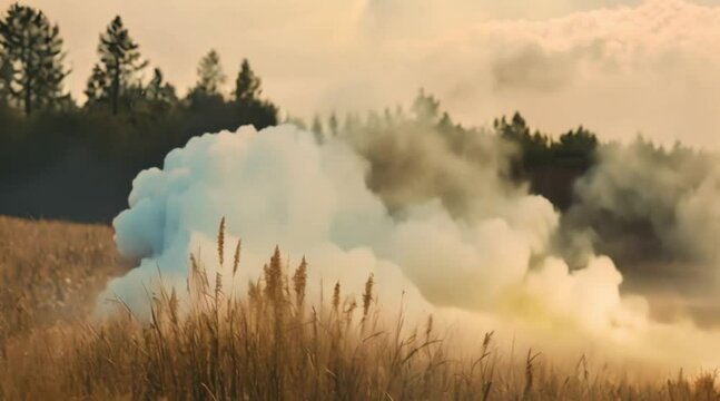 Burning grass, forest and thick smoke from wildfire