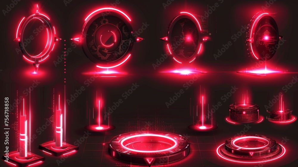 Poster an illustration set of neon red game portals with lightning and glow effects for gui concepts. icon 
