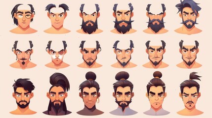 The cartoon modern illustration set of face parts is intended to be used to create male avatars that can have different moods, emotions, noses and eyes, eyebrows and hairstyles. A guy head generator - obrazy, fototapety, plakaty