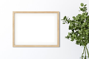 Wood frame mockup with plants, 3d render