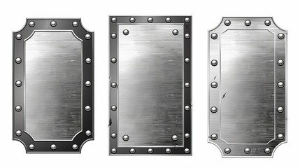 An empty plaque or frame mock-up with a chrome texture surface. A realistic modern set of blank aluminum nameplates or boards with lots of room for text.