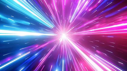 This modern realistic illustration depicts abstract neon pink, blue, purple, white rays moving in a circular motion. It has a space route perspective, magic super power flash, and explosion energy.