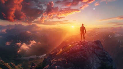 A fit man on a mountain peak gazes at the colorful sunset over the valley. - obrazy, fototapety, plakaty
