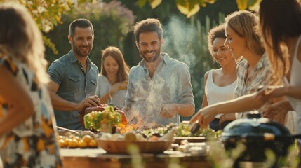 A diverse group of friends and family coming together at a garden table, capture the scene of people cooking meat on a fire grill and preparing delicious salads for a grand family celebration