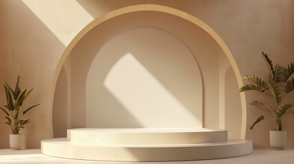Empty neutral light beige textured podium stage background with abstract lifestyle sunlight...