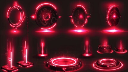 An illustration set of neon red game portals with lightning and glow effects for gui concepts. Icon set of a futuristic cyberpunk round luminous port with flashes and rays for gui concepts. - obrazy, fototapety, plakaty