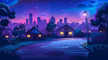 Poster Cartoon modern cityscape of a suburban street at night with highrise buildings silhouetted against a silhouetted landscape with country houses. © Mark