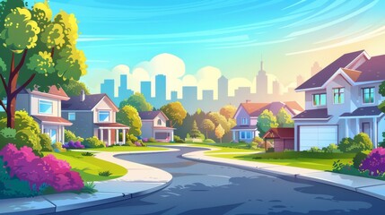 Cartoon modern townscape with neighborhood cottages in the countryside. Cartoon modern town landscape with country house on street with yards and trees, road and driveway.