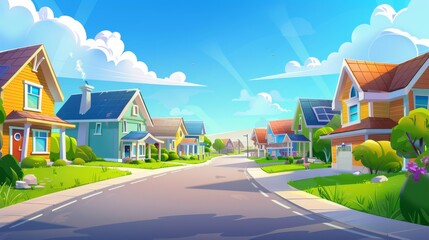 Typical summer suburban landscape with houses in rows, green grass on yards, roads, and driveways. A cartoon modern illustration of townscape with neighborhood cottages and blue skies.