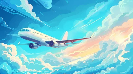 Poster A passenger aircraft flying high above clouds against a blue sky. Cartoon modern landscape with a jet making a deep flight in the distance. Aviation and vacation travel services. © Mark