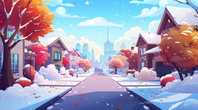 City street in winter against big city background. Modern cartoon illustration of suburban houses under cloudy sky, trees and bushes covered in snow, modern skyscrapers in the distance.
