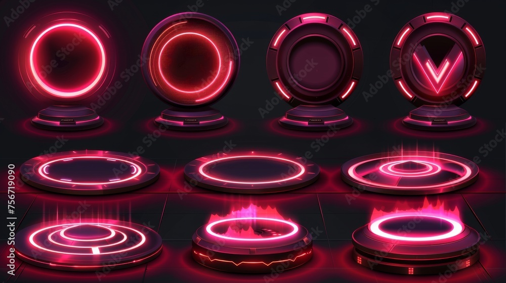 Poster stunning red neon game portal with lightning effects and glow effect in realistic modern illustratio