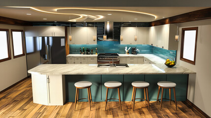 Stylish Modern Kitchen with Wooden Dining Area, Elegant Cabinets, and Bright Lighting for a Luxurious Home