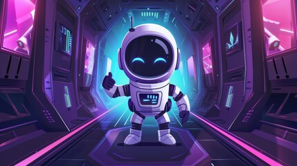 A cute winking robot astronaut with a thumbs up stands in a space ship hall. This cartoon illustration shows a futuristic shuttle station corridor room with closed doors, gates and glowing panels.