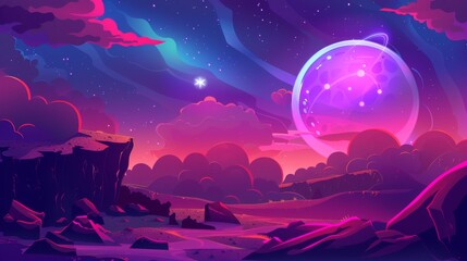 Cartoon fantasy outer space scenery of cosmic stone land with a purple alien landscape on rocky ground with cliffs, glowing celestial body and fluffy clouds.