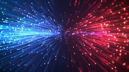 An illustration of neon glowing fibers with fast luminous movement effect, connected by blue and red lines. Modern illustration of modern technology particles, moving fast and luminous. - obrazy, fototapety, plakaty