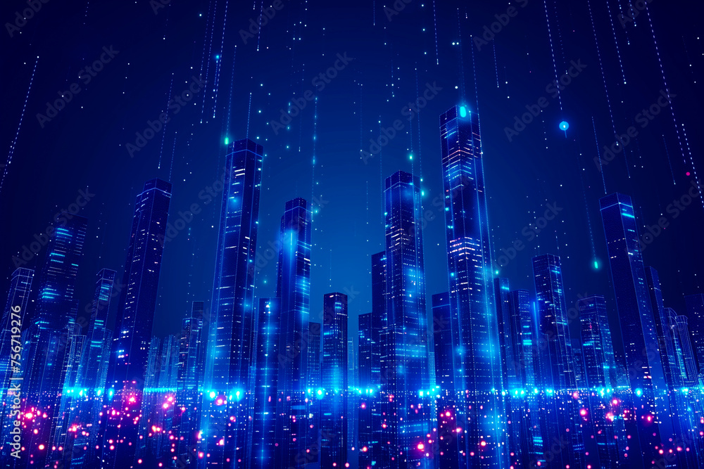 Wall mural abstract digital city background, blue glowing skyscrapers in cyberspace