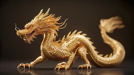 golden dragon statue on solid background,
