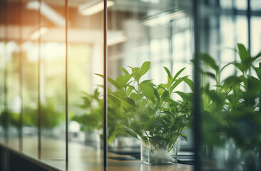 Blurred office interior with glass walls and green plants