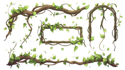 A cartoon modern rain forest tree stem in rectangular and circular shapes. Jungle climbing plant vine for game UI design. Frames and borders of twisted and tangled liana branches with green leaves. - obrazy, fototapety, plakaty
