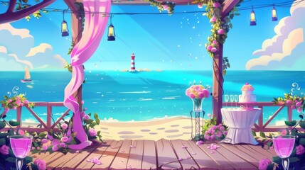 The scene depicts a wedding ceremony scene on a seashore with a wooden patio decorated with pink ribbons, roses in vases, a romantic arch, wine glasses and cake on a table, a lighthouse and sea view