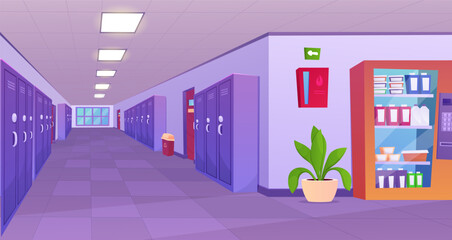 School hallway interior. University corridor interior design with classroom doors, lockers for students, vending machine with snacks. Education concept.
