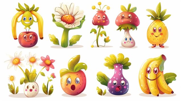 Decorative modern set of cute fruits and flowers with funny face emotions and poses for vintage designs featuring daisy, mushroom, banana, and strawberry.