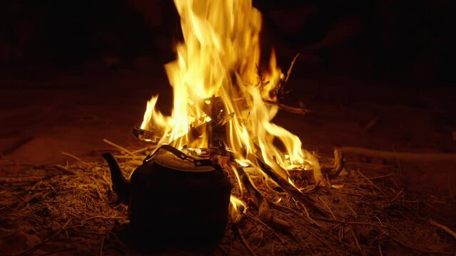 Bonfire in the dark, camping concept